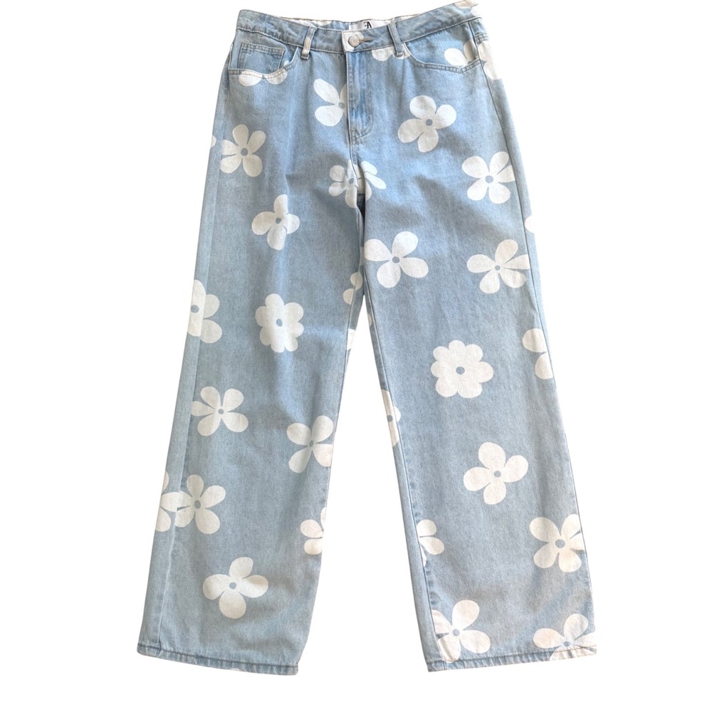 Flying Angel Daisy Floral Print Wide Leg Jeans Light Wash Blue White Size 13/31 - Picture 2 of 9